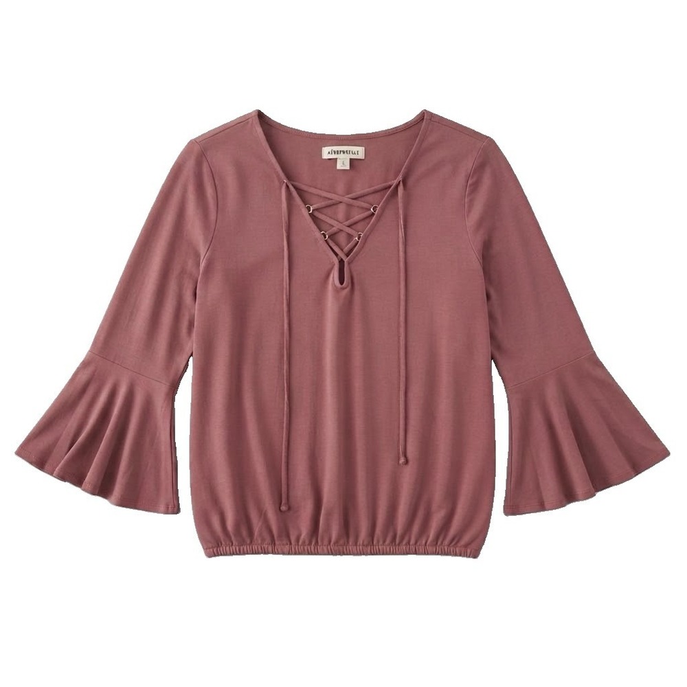 Aeropostale Women’s XS Lace-Up Bell Sleeve Top Pullover Blouse Maroon Brown